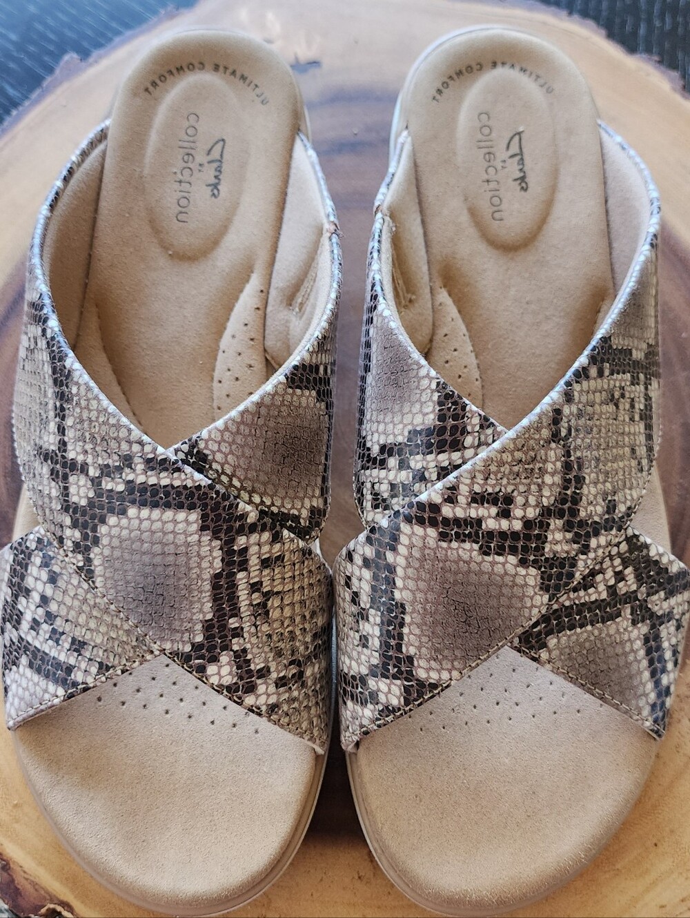 Women's Clark's Taupe Snake-Print Slide Sandals